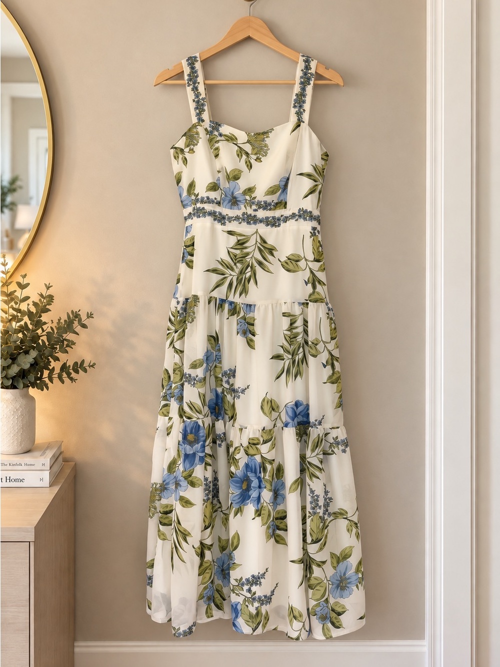 Maison Tara Cream Maxi Dress with Blue Floral Print